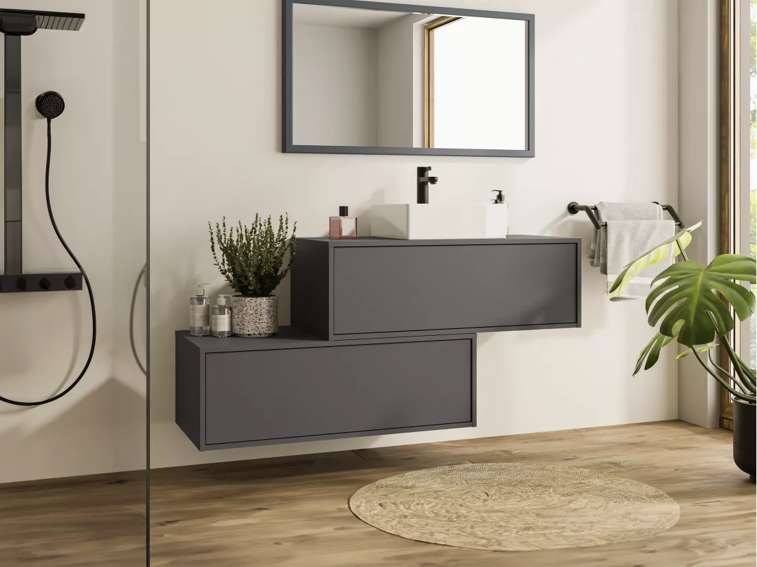 Meuble de salle de bain suspendu gris anthracite avec simple vasque carrée et deux tiroirs - 94 cm - TEANA II