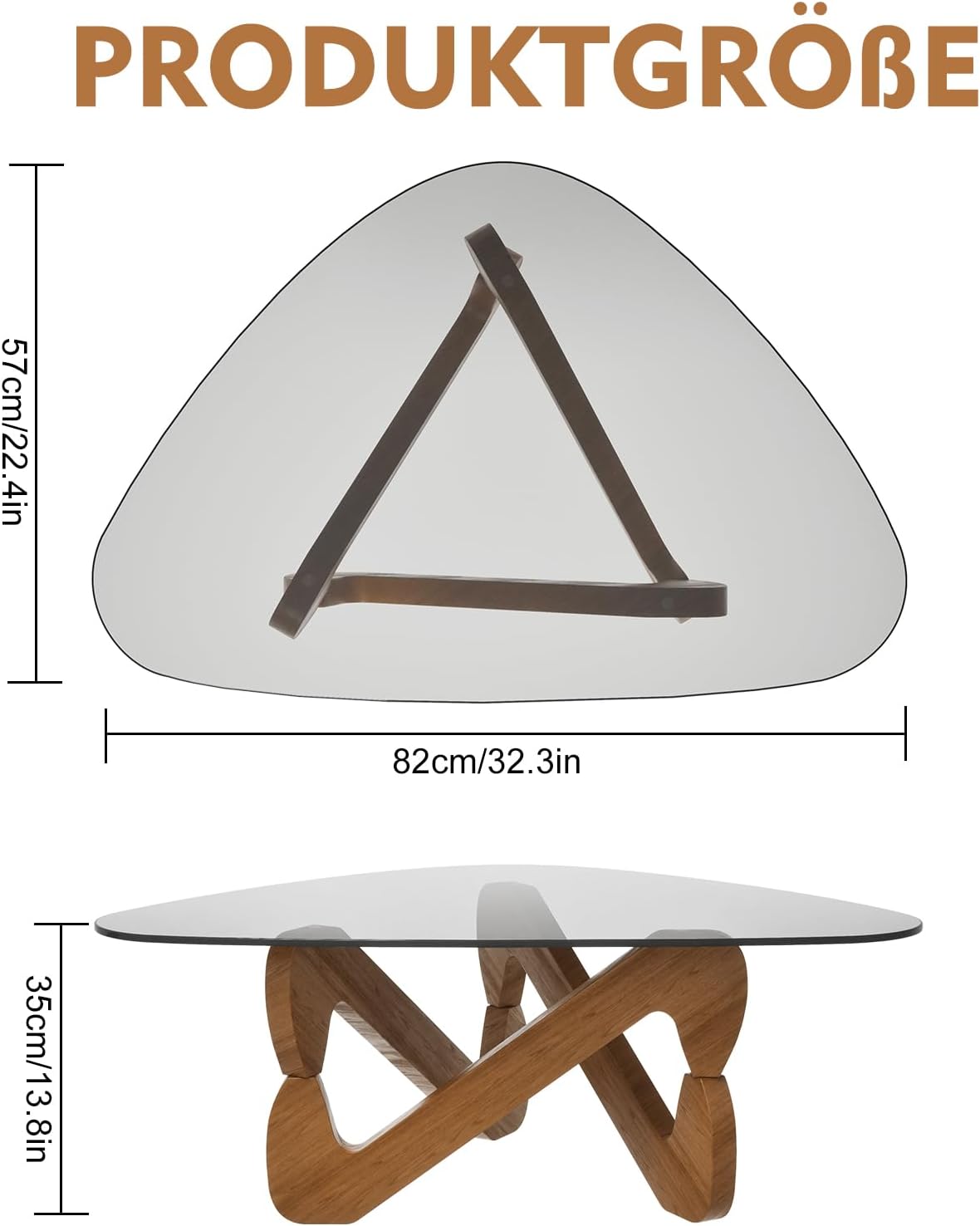 TWSOUL Dreieckiger Couchtisch aus Glas, Modern Wohnzimmertisch, Durchsichtig Couchtisch mit Holz Base, Ausgefallene Kaffeetisch für Wohnzimmer (Grauschwarz)
