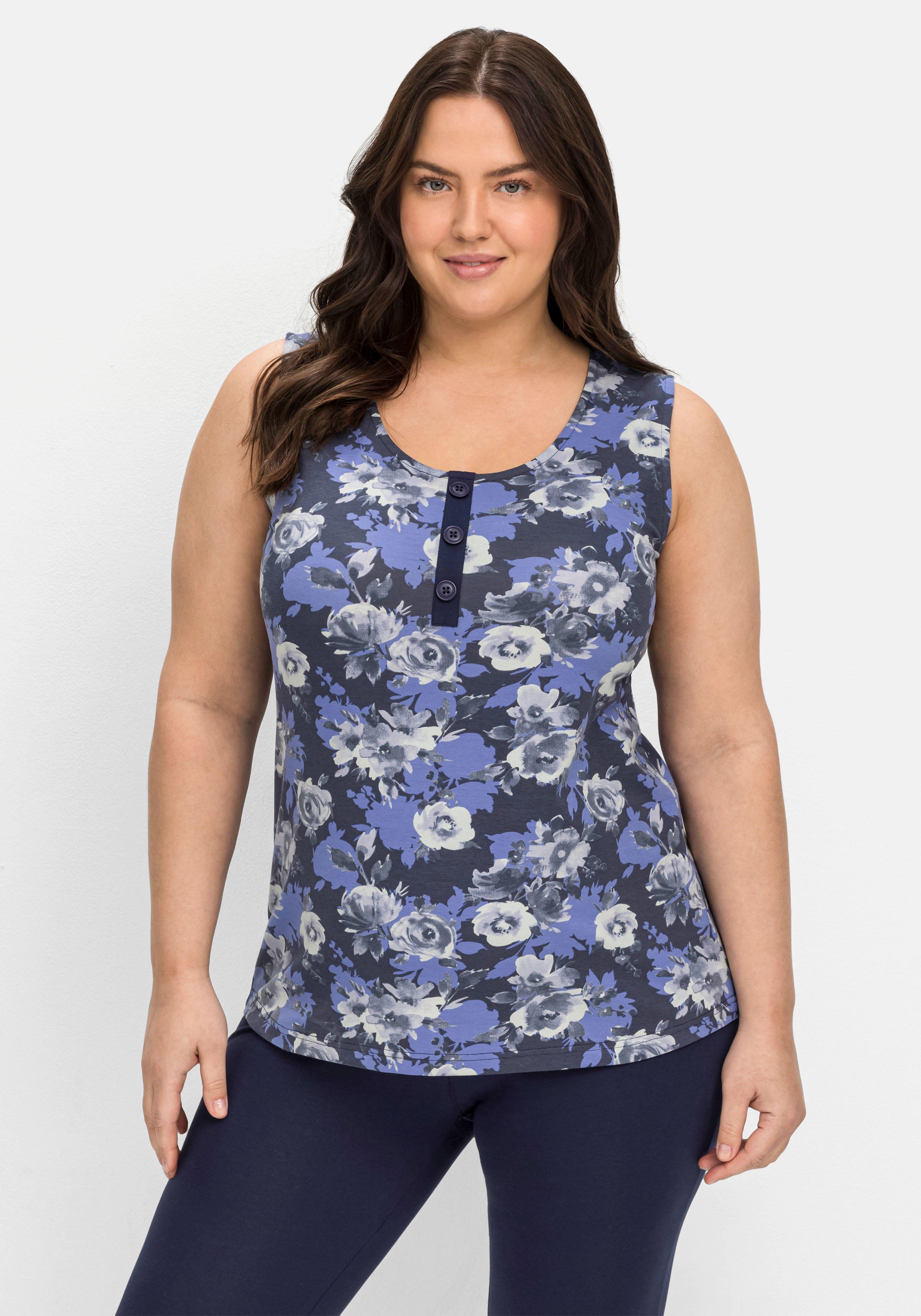 Jerseytop mit Blumendruck und Zierknopfleiste