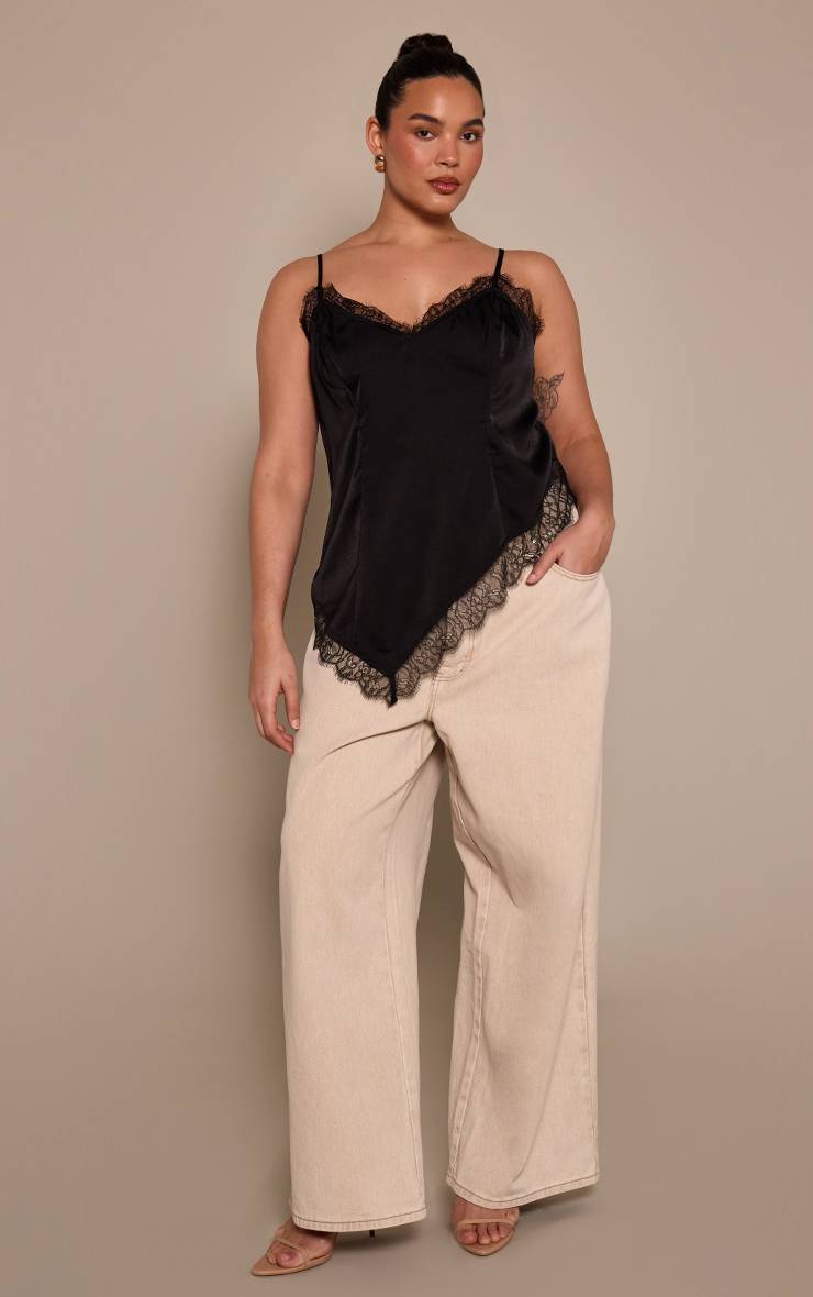 Noir Top Caraco Grande Taille Asymétrique À Bretelles Avec Détails En Dentelle