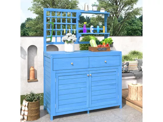 Armoire de jardin en bois avec étagères fixes pour rangement extérieur coffre d'exterieur couleur bleu marine