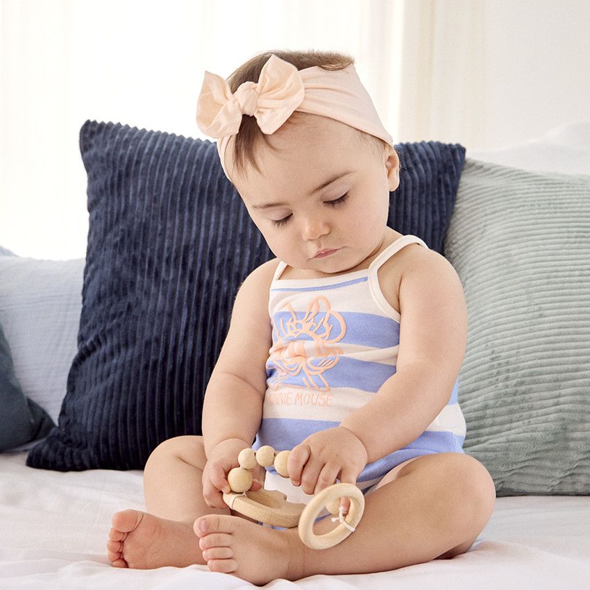 Combishort rayée puff print Minnie Disney pour bébé fille - Ecru