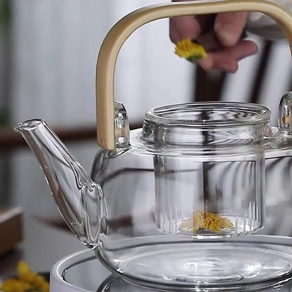 (1l) Glas Tee Kanne mit Filter Sieb Teebereiter Karaffe mit Holz Griff Getränke Krug für Losen Tee - Transparent