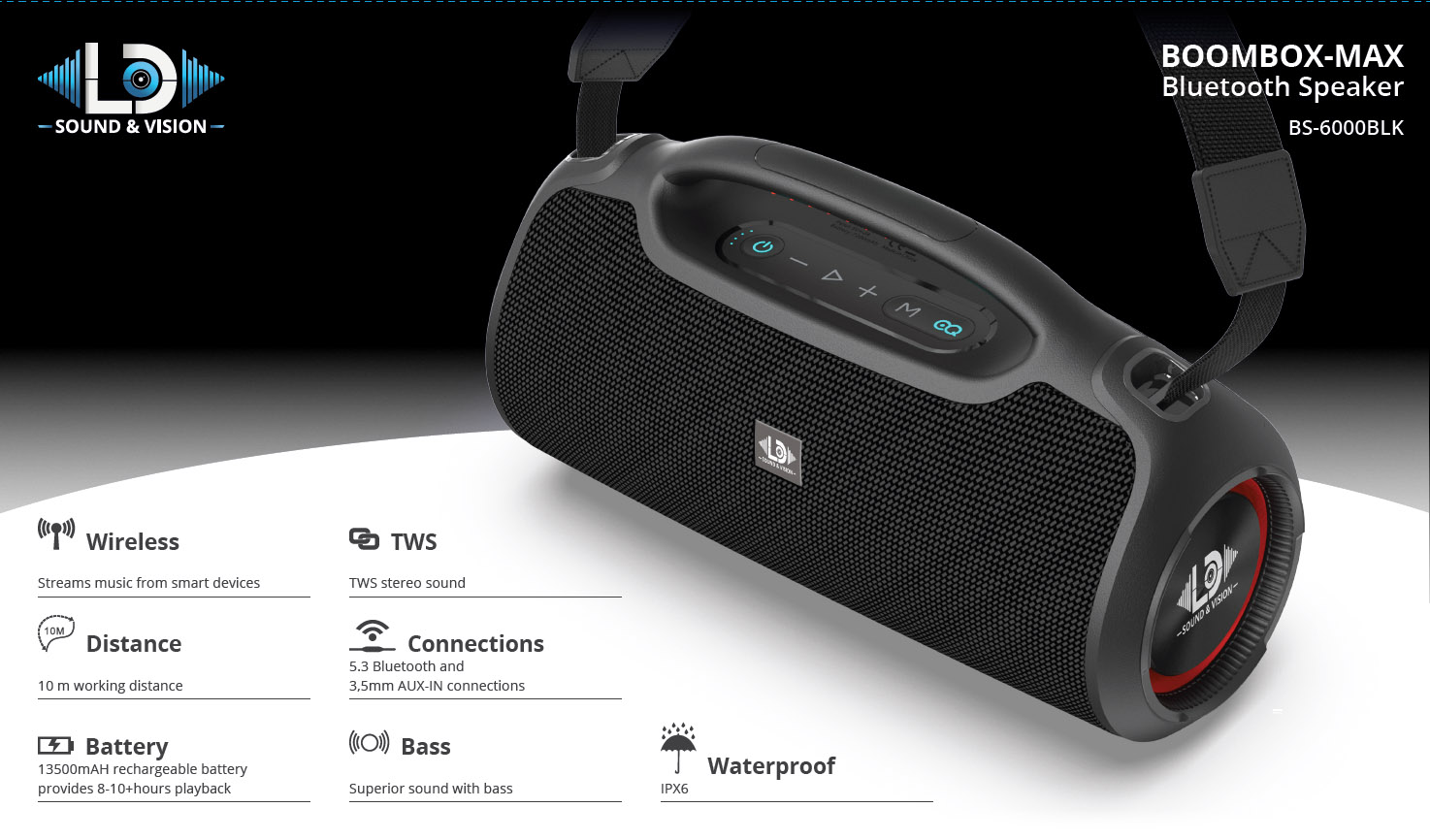 Bluetooth Boombox-Max LD Sound & Vision BS-6000BLK