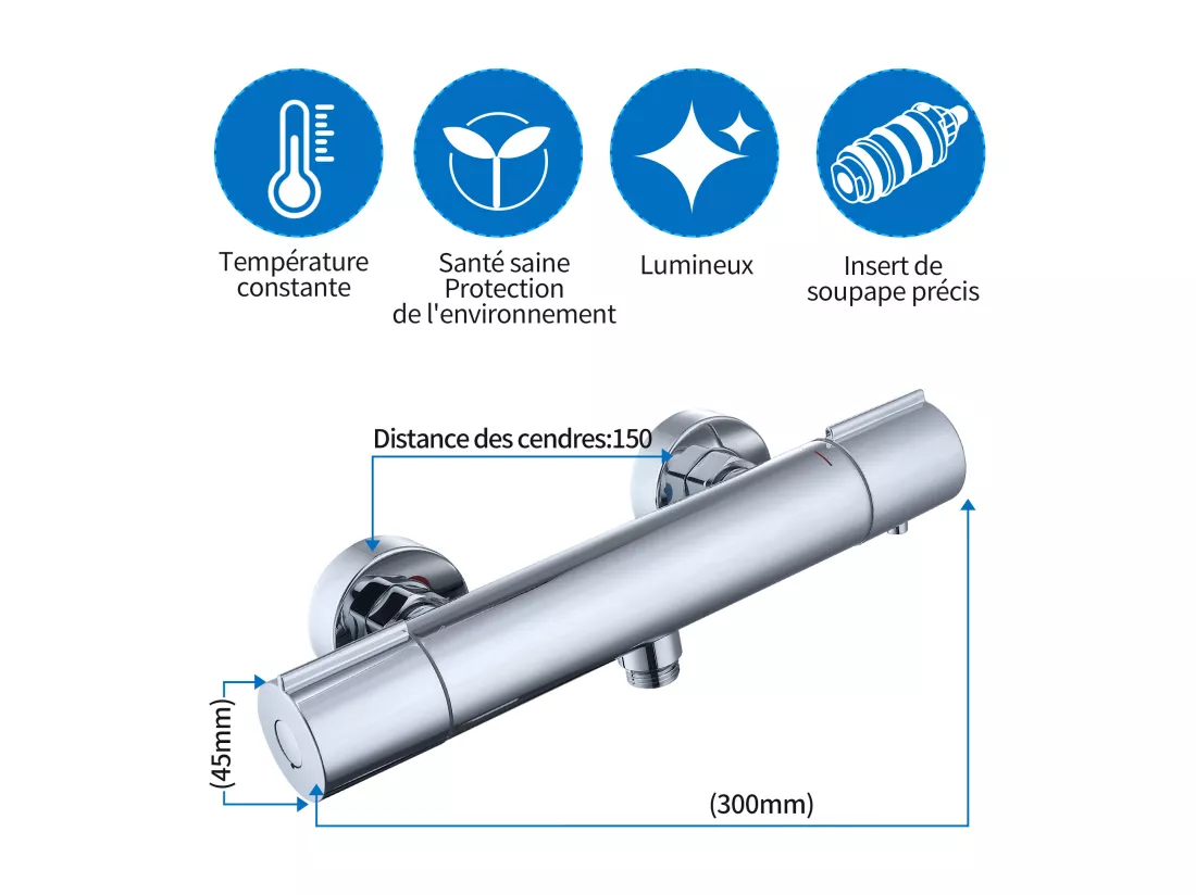 Mitigeur Thermostat Douche Robinet Mitigeur Douche pour Colonne de Douche Baignoire Robinetterie de Bain en Laiton Chromé