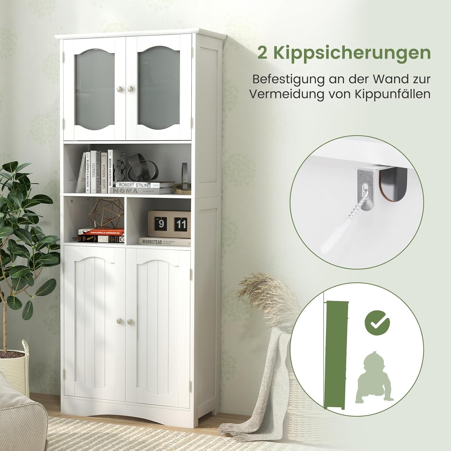 COSTWAY Badezimmerschrank, freistehender Hochschrank mit 4 Türen & Regalen & Verstellbarem Einlegeboden, Badschrank mit Kippschutz für Wohnzimmer, Badezimmer, Küche, Weiß, 60 x 30 x 148,5 cm