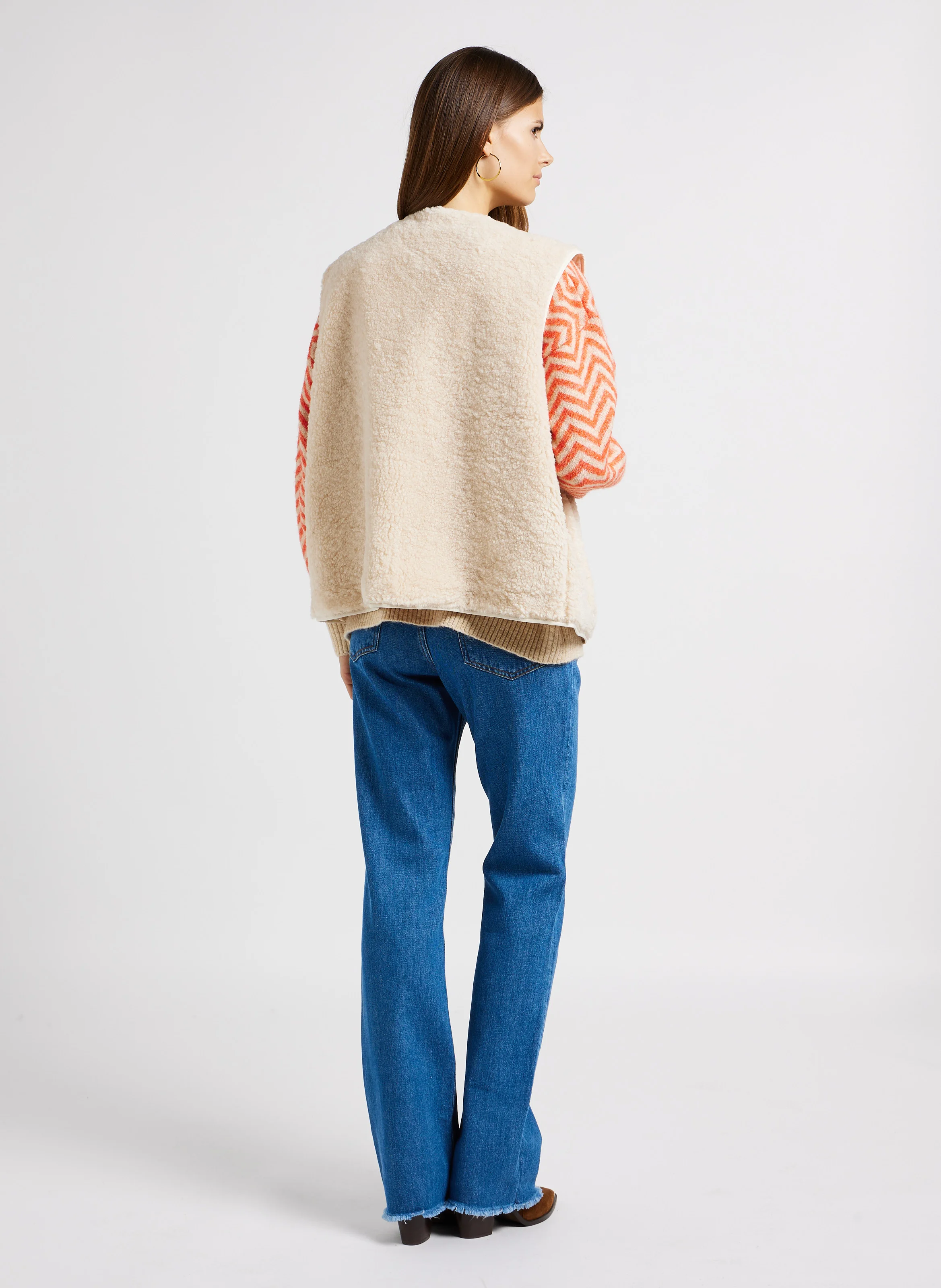 LUCIA - Pull ample col rond motif zigzag en maille mélangée | Beige