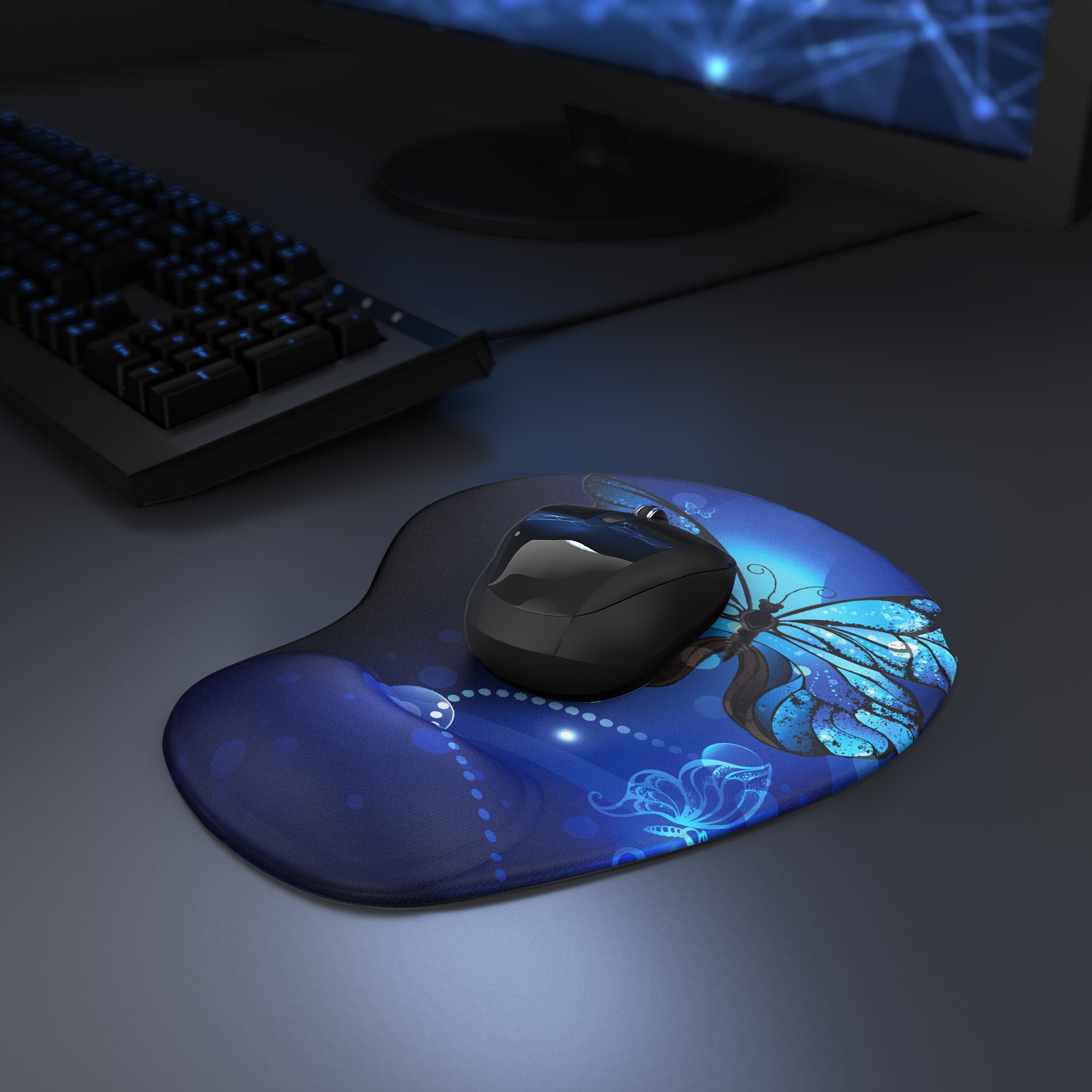CSL Mauspad mit Gelkissen & Handgelenkauflage, Komfort Office Mousepad, butterfly