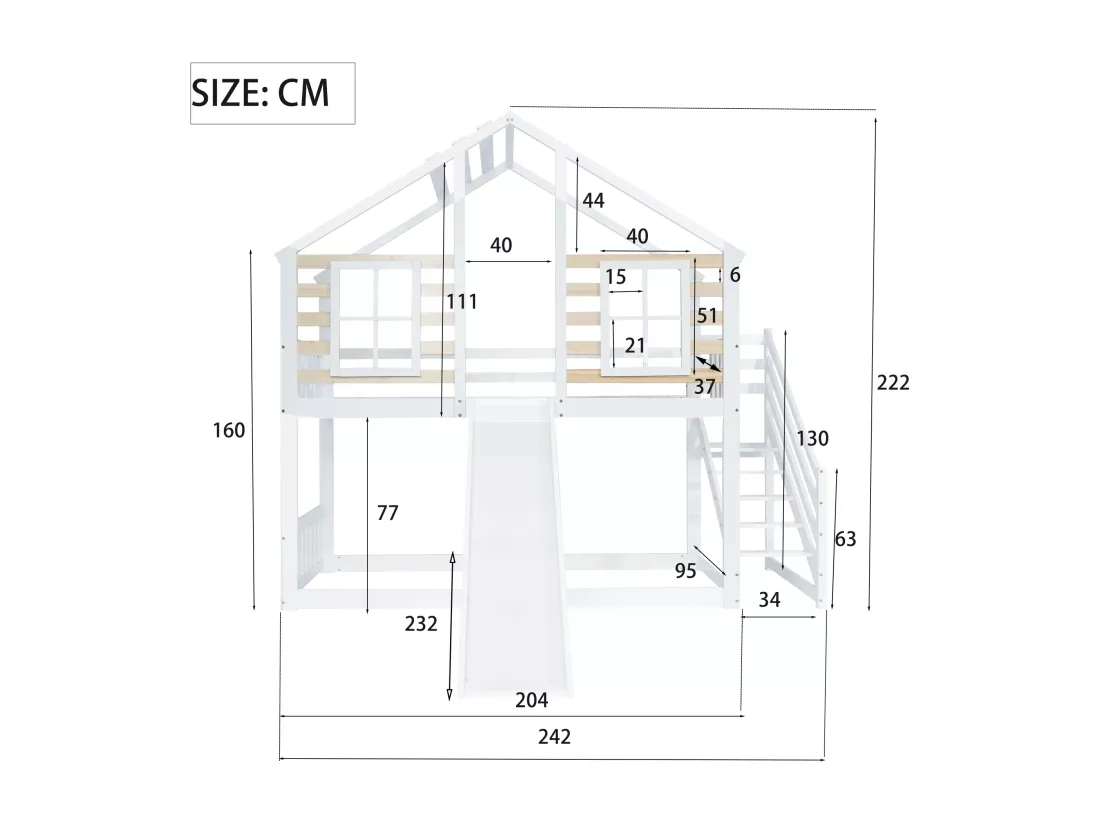 Lits Superposés En Bois - 90 X 200 cm - Avec Escalier - Toboggan Et Fenêtre - Protection Antichute - Blanc