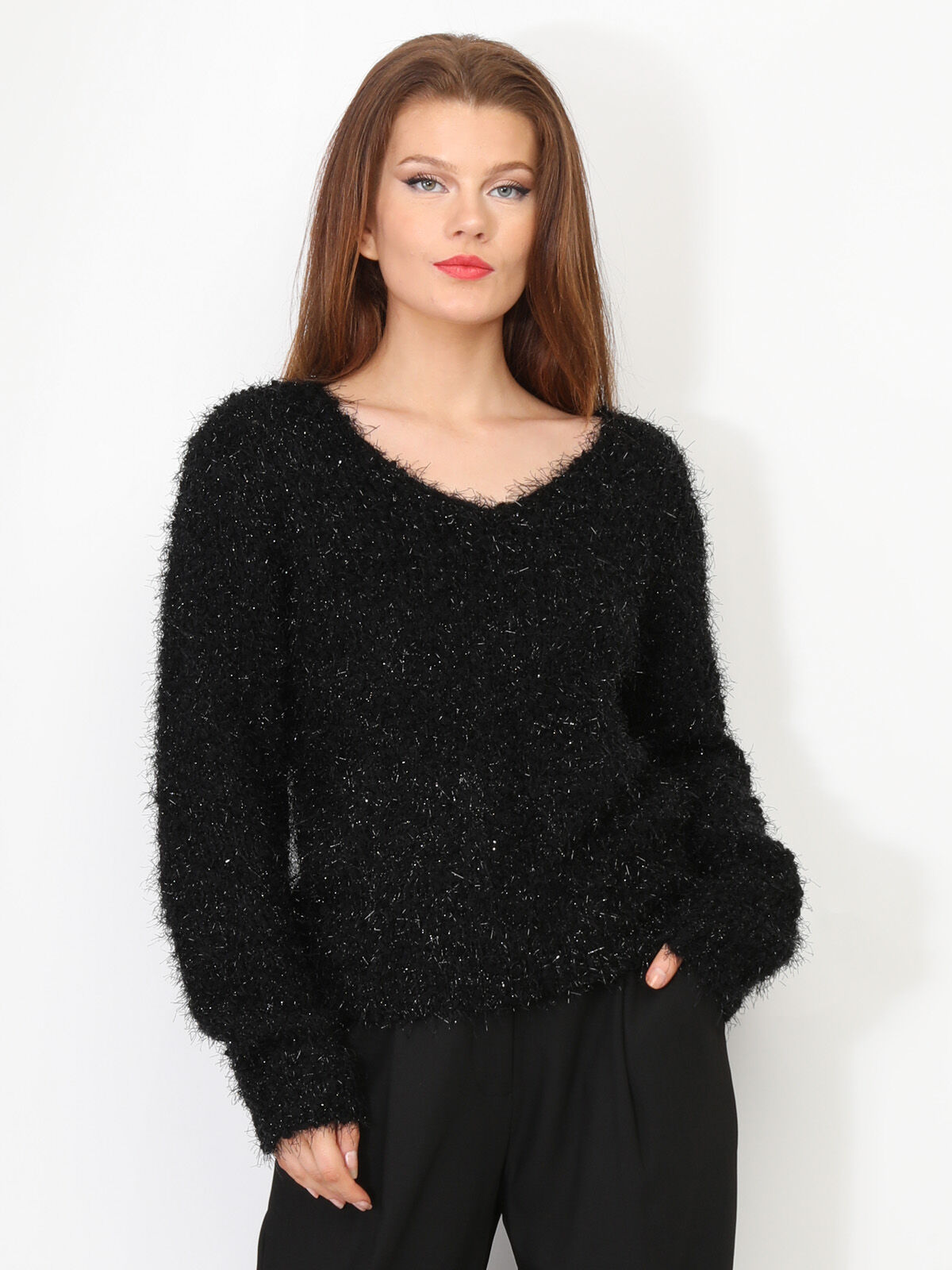 Pull duveteux avec fils brillants- Noir