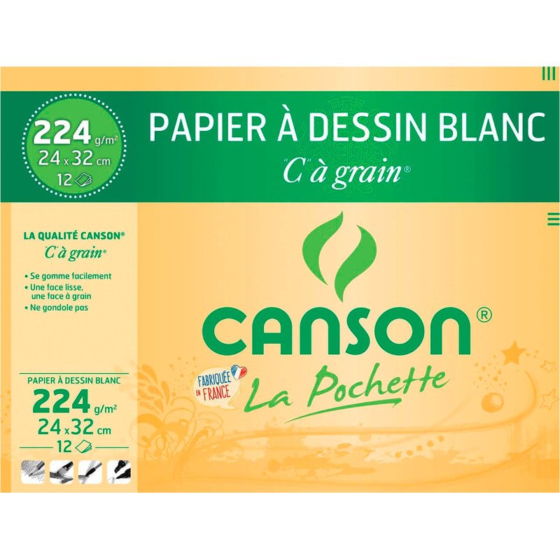 Pochette 12 feuilles papier dessin Canson C à Grain 21x29,7cm, 224 g/m²