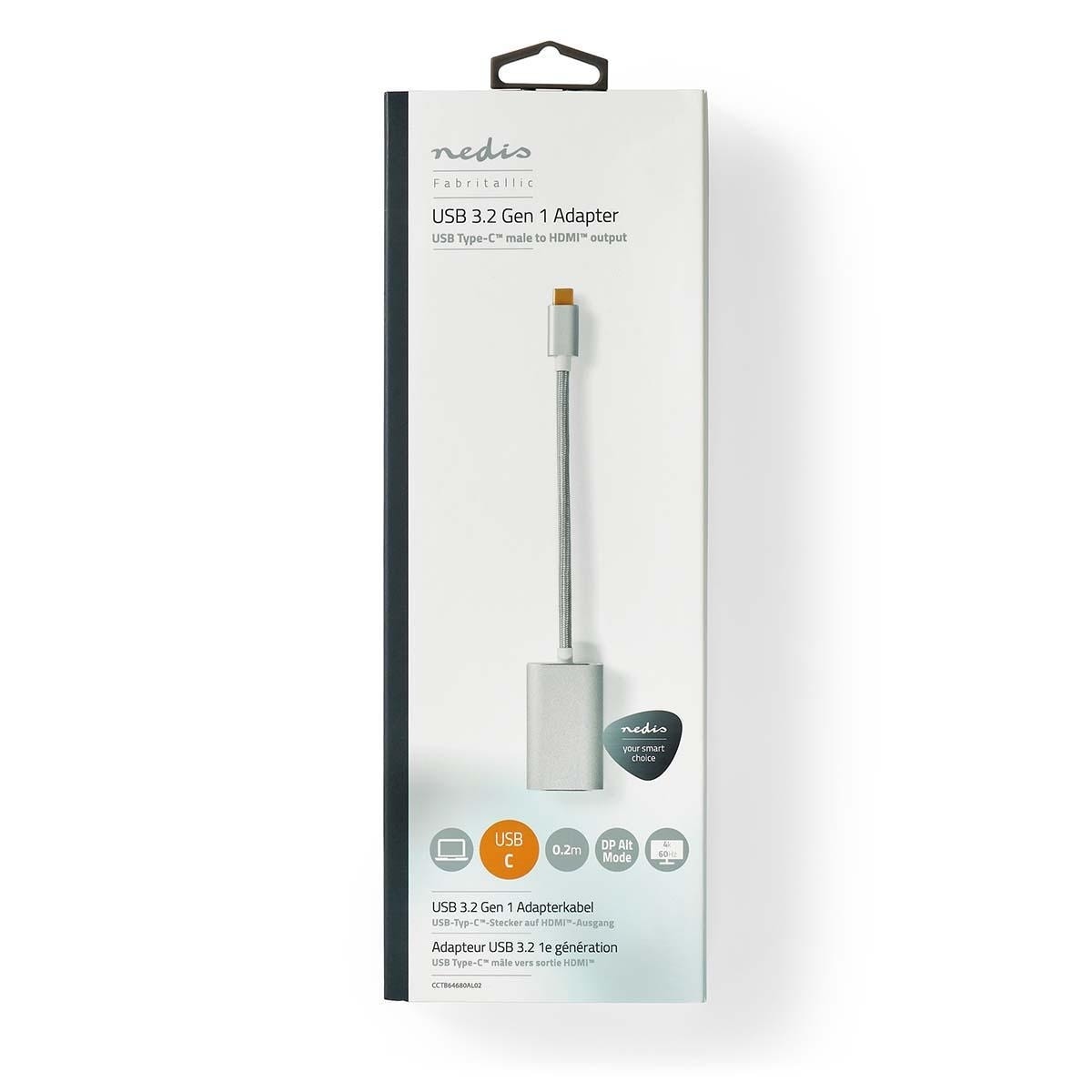 Nedis USB-C™ Adapter | USB 3.2 Gen 1 | USB-C™ Hann | HDMI™ Output | 4K@60Hz | Power delivery | 0.20 m | Rund | Gull belagt | Flettet / Nylon | Sølv | Deksel Vindusboks