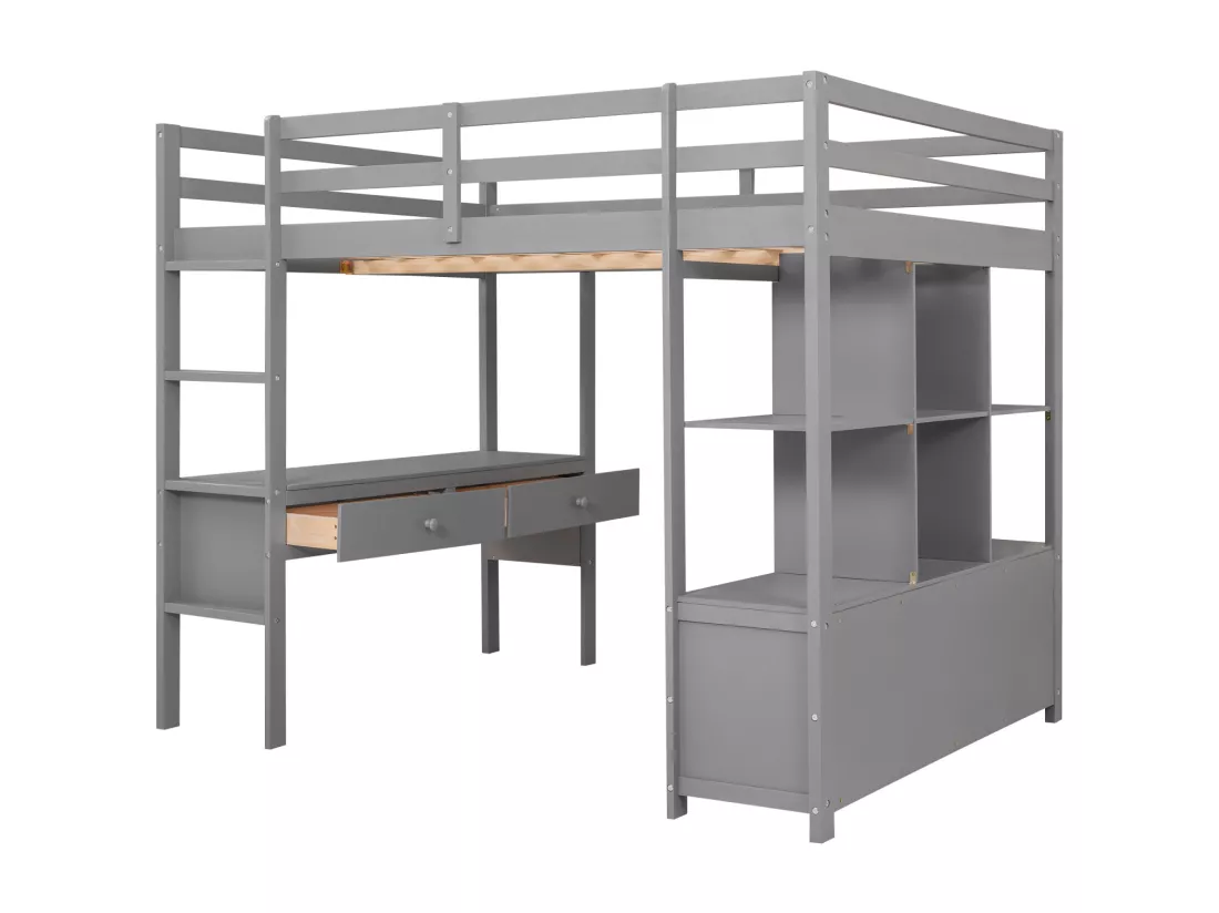 Lit mezzanine 140x200cm pour enfant - lit surélevé avec tiroirs de rangement, bureau et bibliothèque de rangement sous le lit - gris