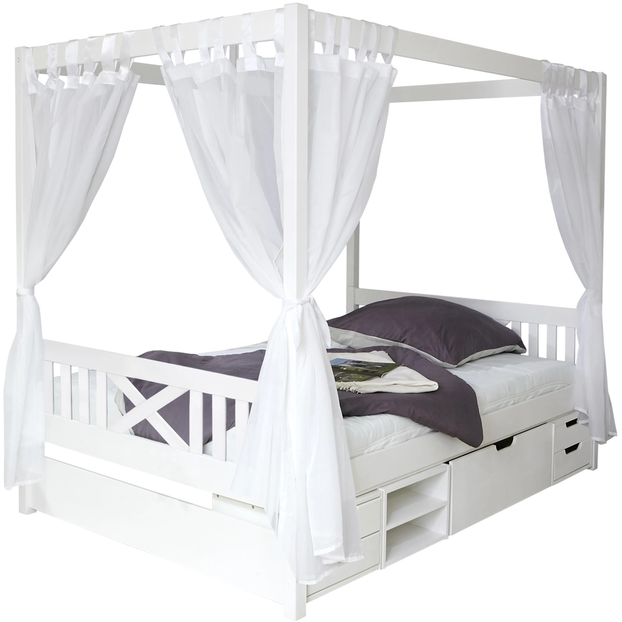 TiCAA Himmelbett Lino weiß mit 4 Funktionsschubladen