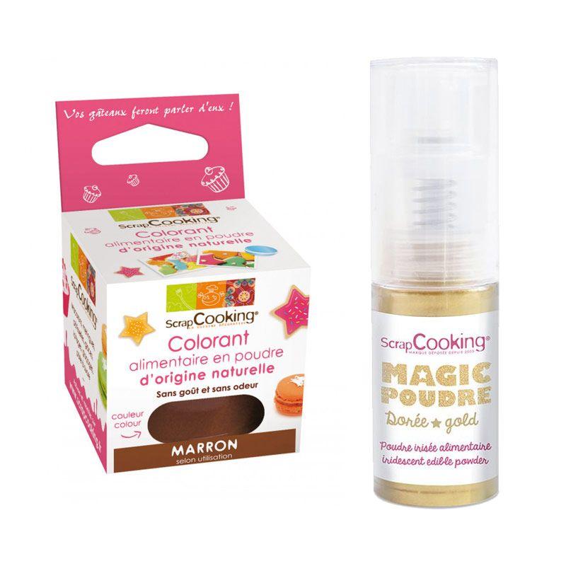 Colorant alimentaire naturel en poudre Marron + Poudre irisée dorée Sc
