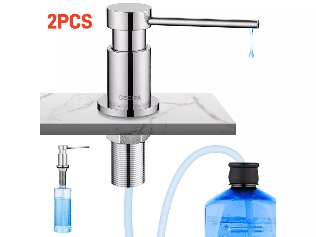 Lot de 2 Distributeur de Savon de Cuisine Chromé Distributeur de Savon pour Evier avec Récipient de 300ML + Tuyau d'extension en Silicone de 1,25M