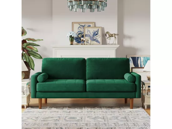 Canapé droit en Velours vert et bois massif - 3 places - charge max 300kg - 176x78x85cm