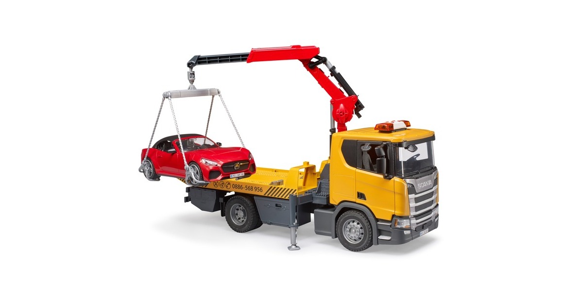 bruderScania Super 560R sleepwagen met kraan en licht en geluid + roadster sportauto Modelvoertuig  (03552)