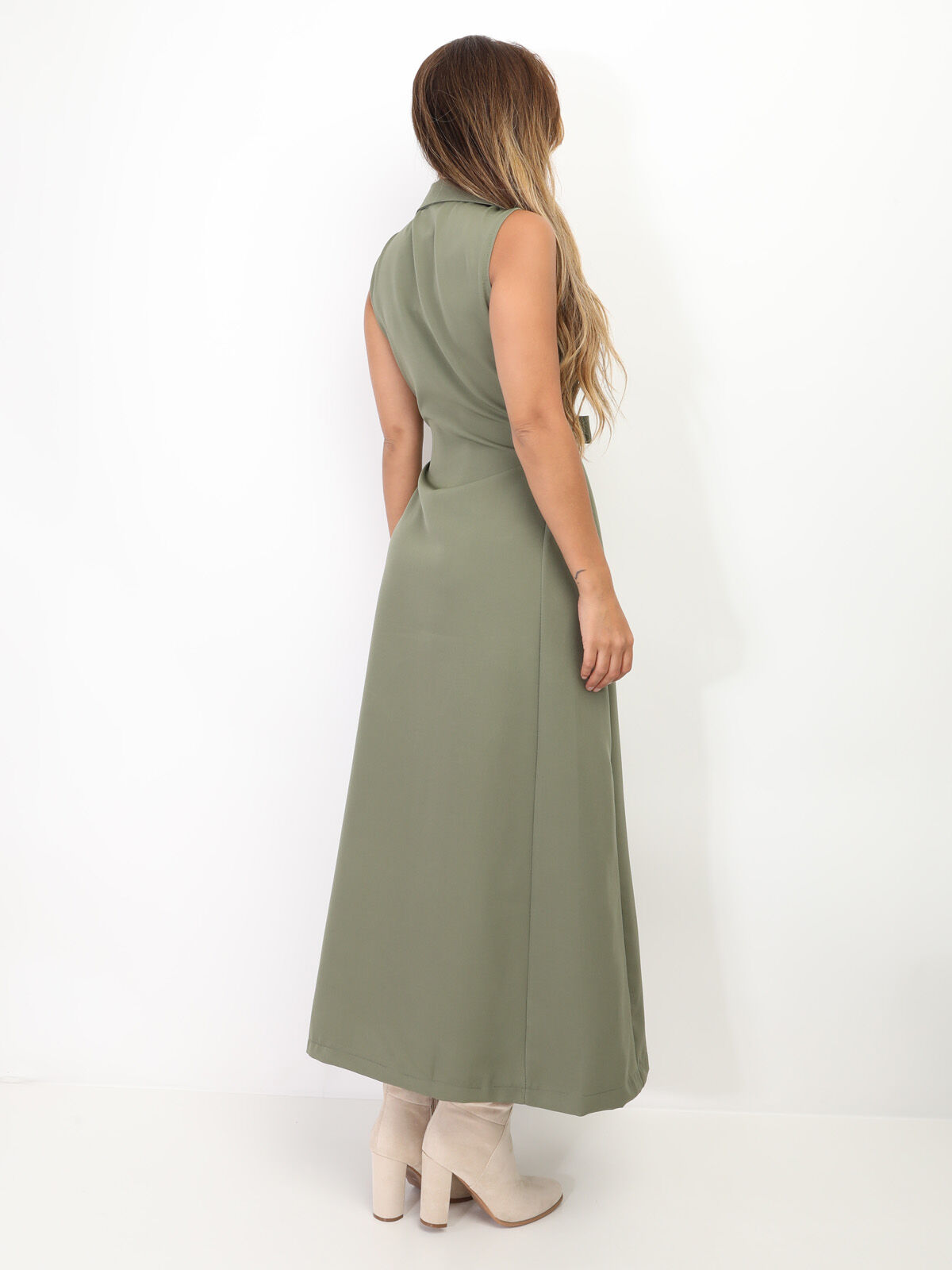 Robe longue style blazer à nouer- Kaki