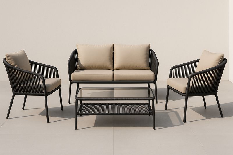 Gartenmöbel-Set aus Aluminium und Polyester mit Glas-Tischplatte Beige/Schwarz