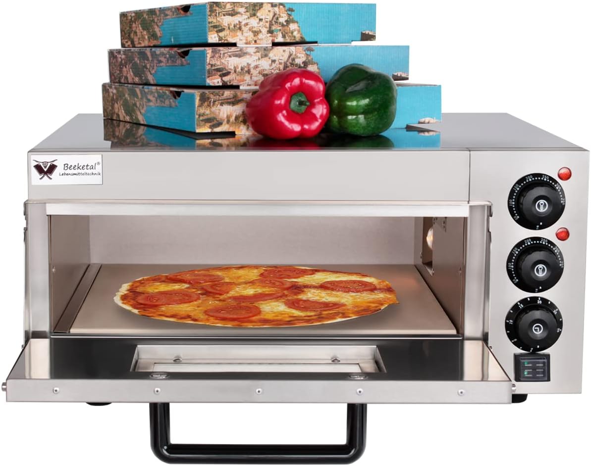 Beeketal 'BPO33-1' Profi Pizzaofen mit 400x400 mm Schamottstein Backfläche, Gastro Steinbackofen für Pizza, Brot und Backwaren, Leistung 2000 Watt, Pizzabackofen Temperatur bis zu 350°C