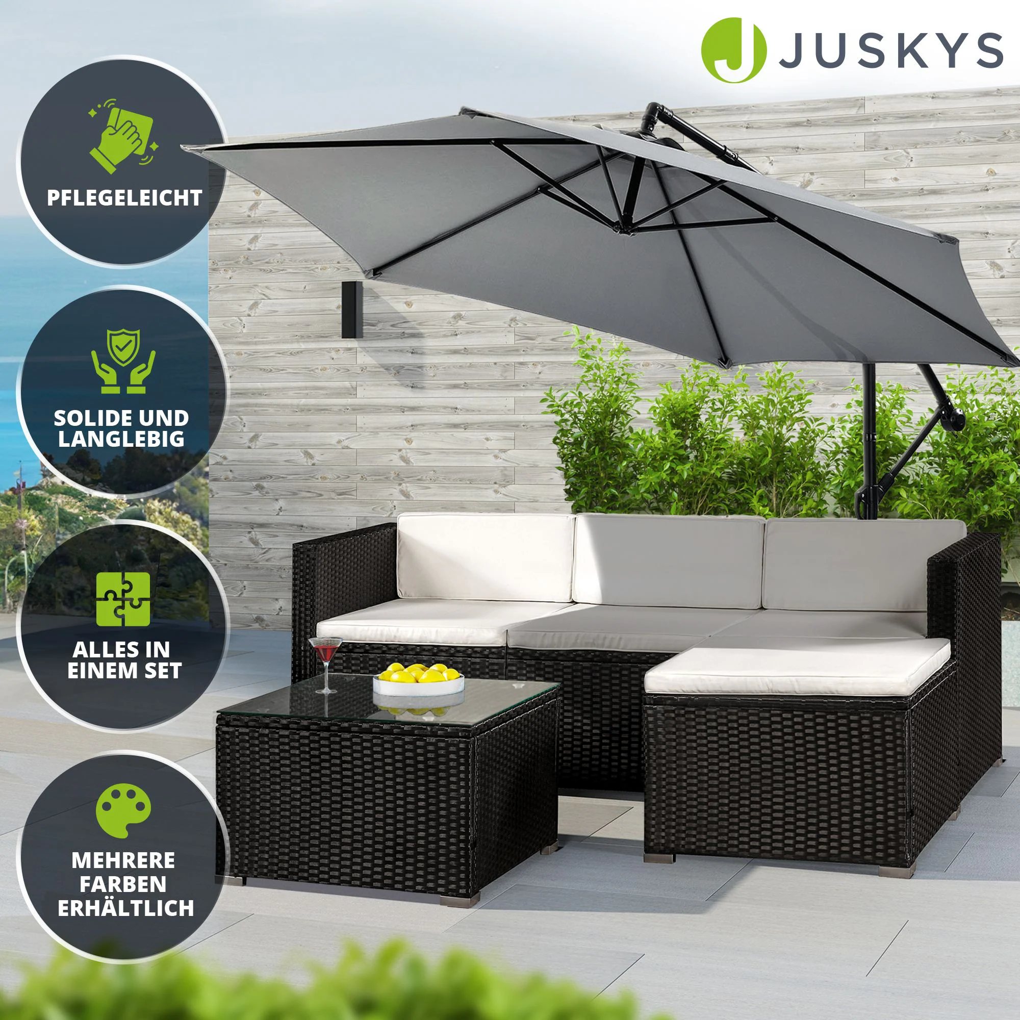 Juskys Polyrattan Lounge Punta Cana M schwarz für 3-4 Personen – Sofa, Tisch & Hocker