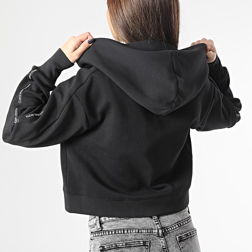 Sweat Zippé Capuche Crop Femme A Bandes 0425 Noir