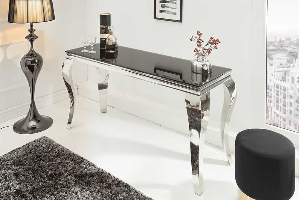 Eleganter Konsolentisch MODERN BAROCK 145cm schwarz Opalglas Edelstahlbeine