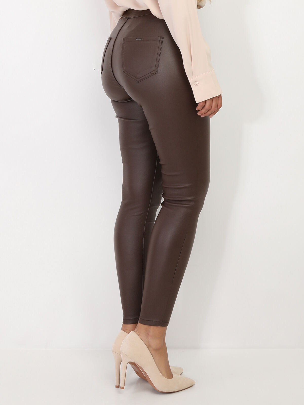 Pantalon skinny taille haute enduit- Marron