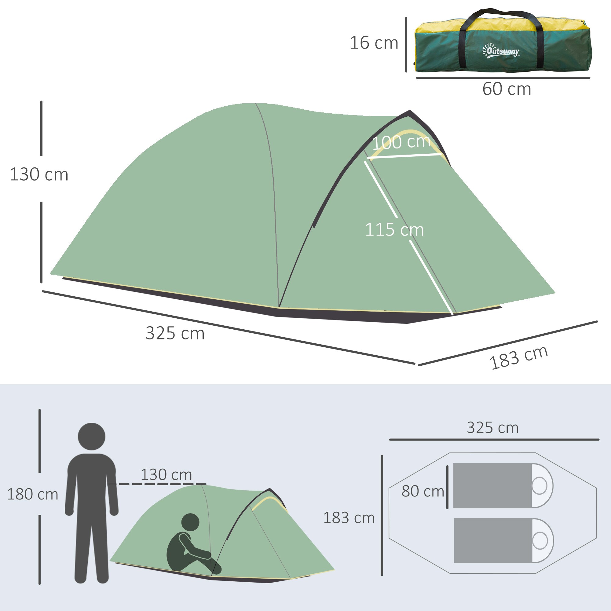 Outsunny Campingzelt für 3-4 Personen grün, gelb 325 x 183 x 130 cm (LxBxH)