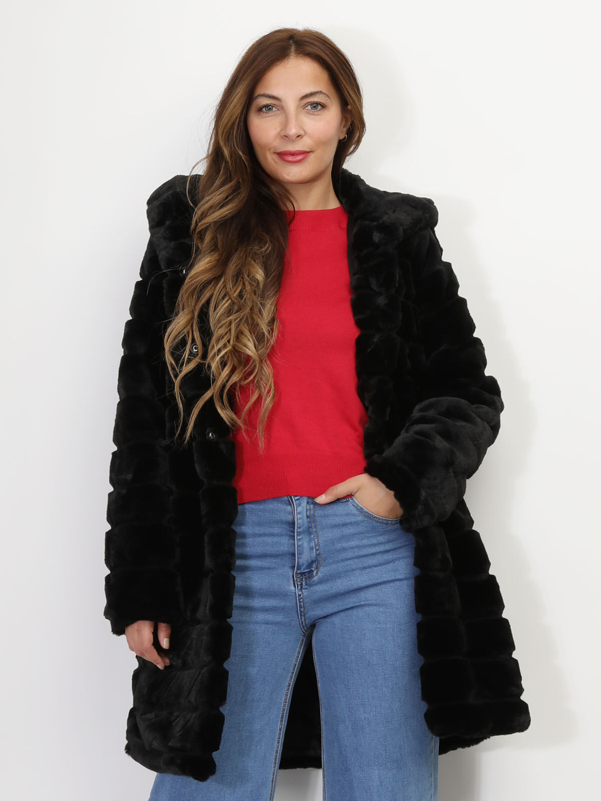 Manteau long à fausse fourrure- Noir