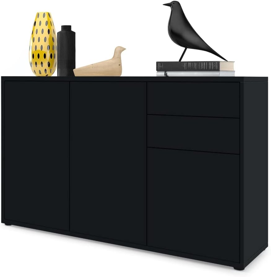 Vladon Sideboard Ben V3, Kommode mit 3 Türen und 2 Schubladen, Schwarz matt/Schwarz matt (117 x 74 x 36 cm)