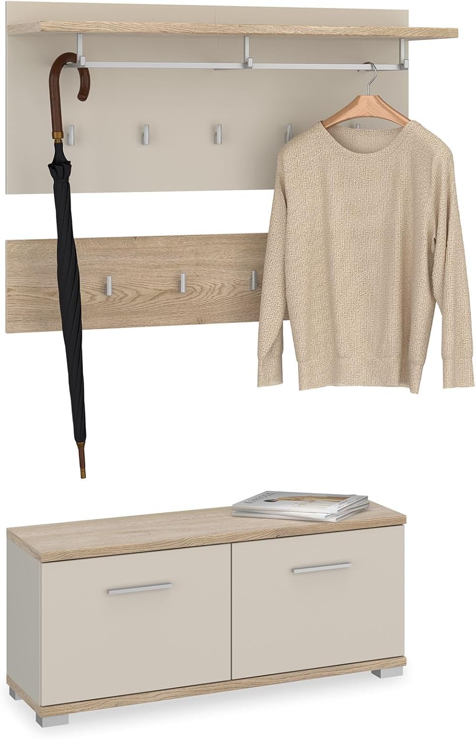 IDIMEX Garderobenset Bilbao 3-teilig, Cremona Eiche/Kaschmir, ideal für Flur und Eingangsbereich, mit 9 Haken, Kleiderstange, Hutablage und Schuhbank