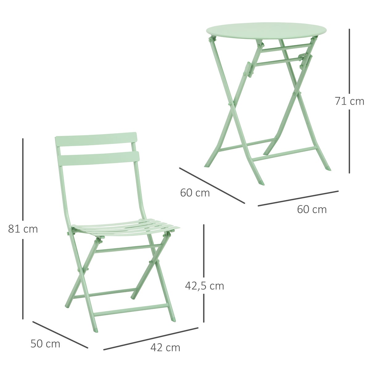 Outsunny 3-delige tuinmeubelset, bistrotafel met 2 stoelen, voor terras, tuin, opvouwbaar, Ø60L x 71H cm, metaal, groen