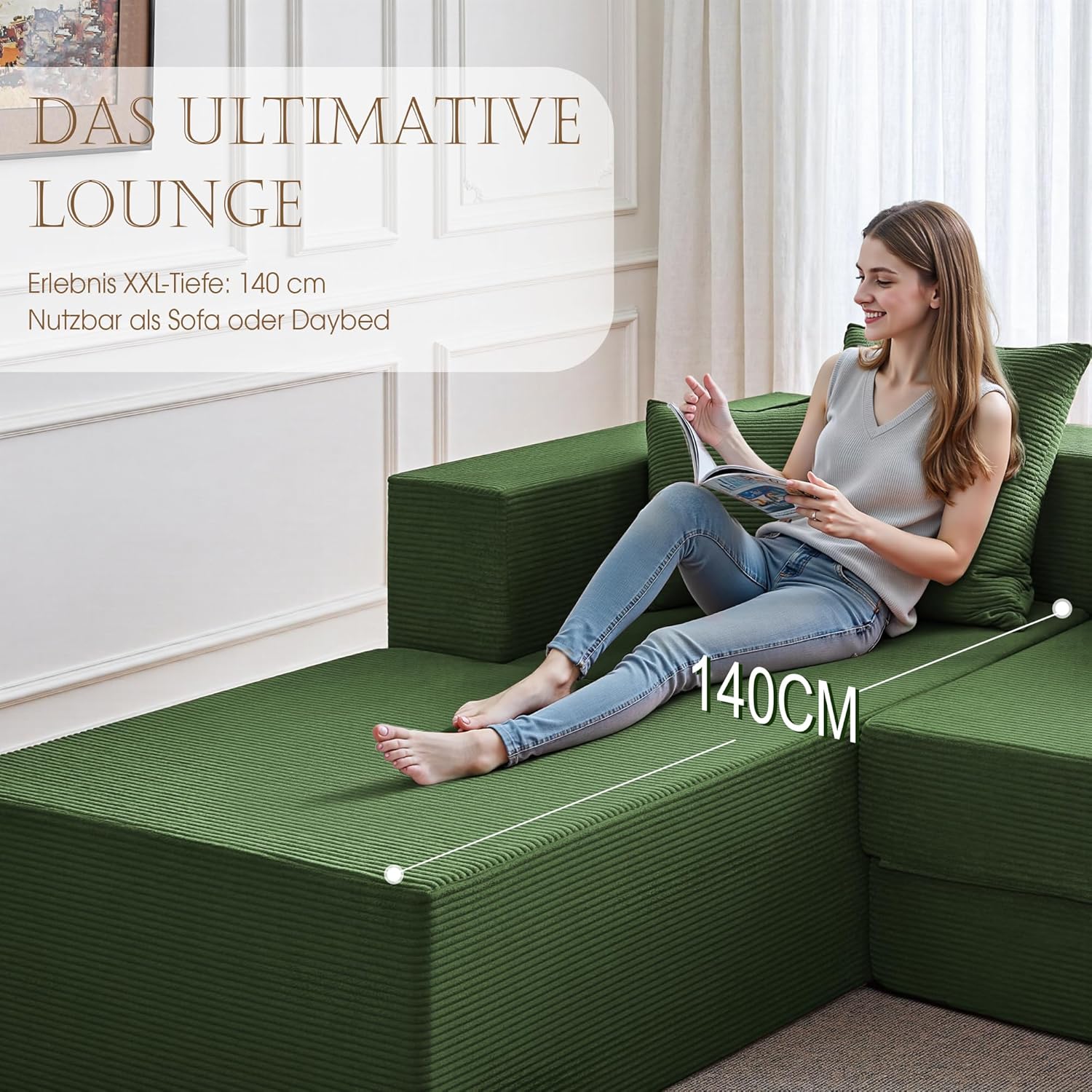 YINIX Modulares Ecksofa 235cm L-Form, Wolkensofa mit Schlaffunktion, Cord Wohnlandschaft mit Metallrahmen, 3 Sitzer Couch Tiefe Sitzfläche, Breite Recamiere, rutschfest, Pflegeleicht (Grün)