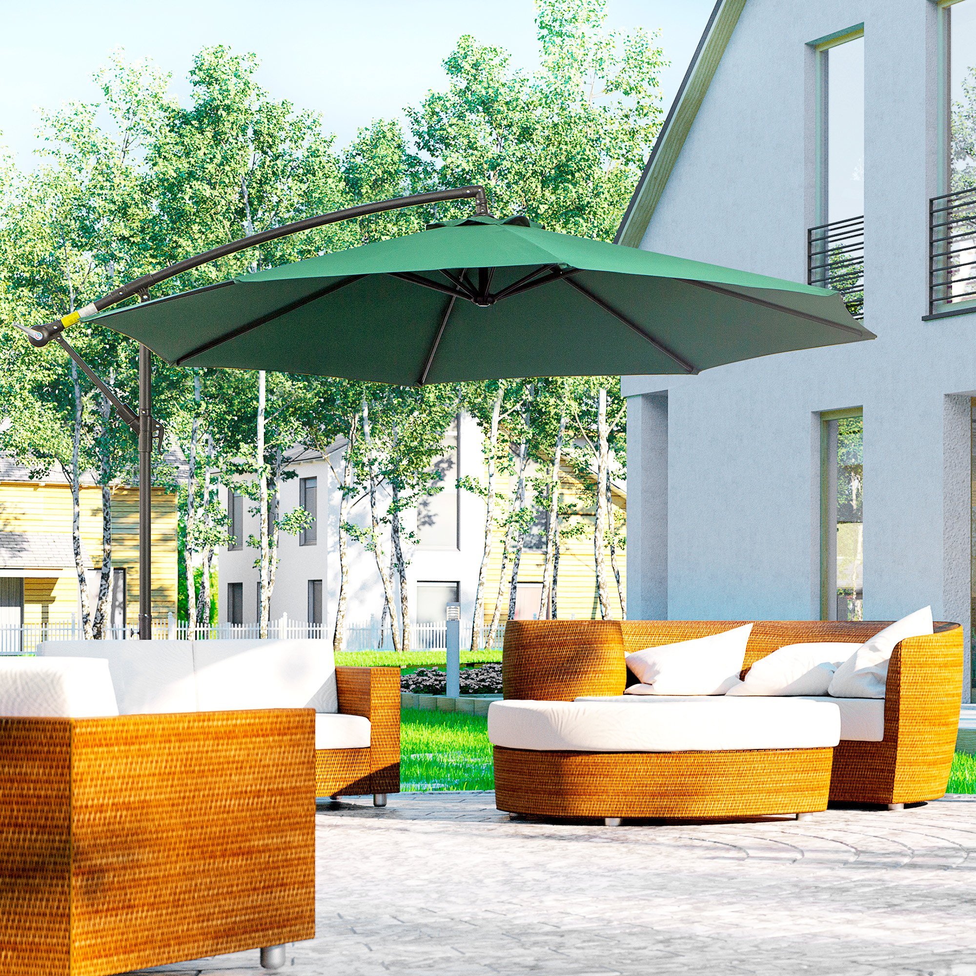 Guarda-sol de jardim Outsunny Ø300x250 cm, com inclinação excêntrica, manivela, base cruzada e suporte de aço, proteção solar para terraços externos, verde.