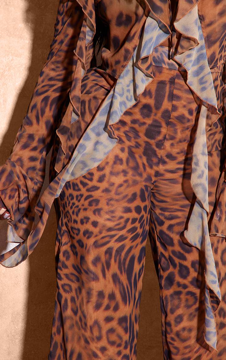 Marron Pantalon Large Taille Mi-haute En Mousseline Imprimé Léopard Grande Taille