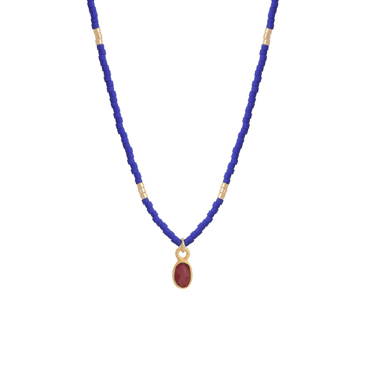 Collier perles miyuki bleu pierre agate rouge LITTLE INDIA