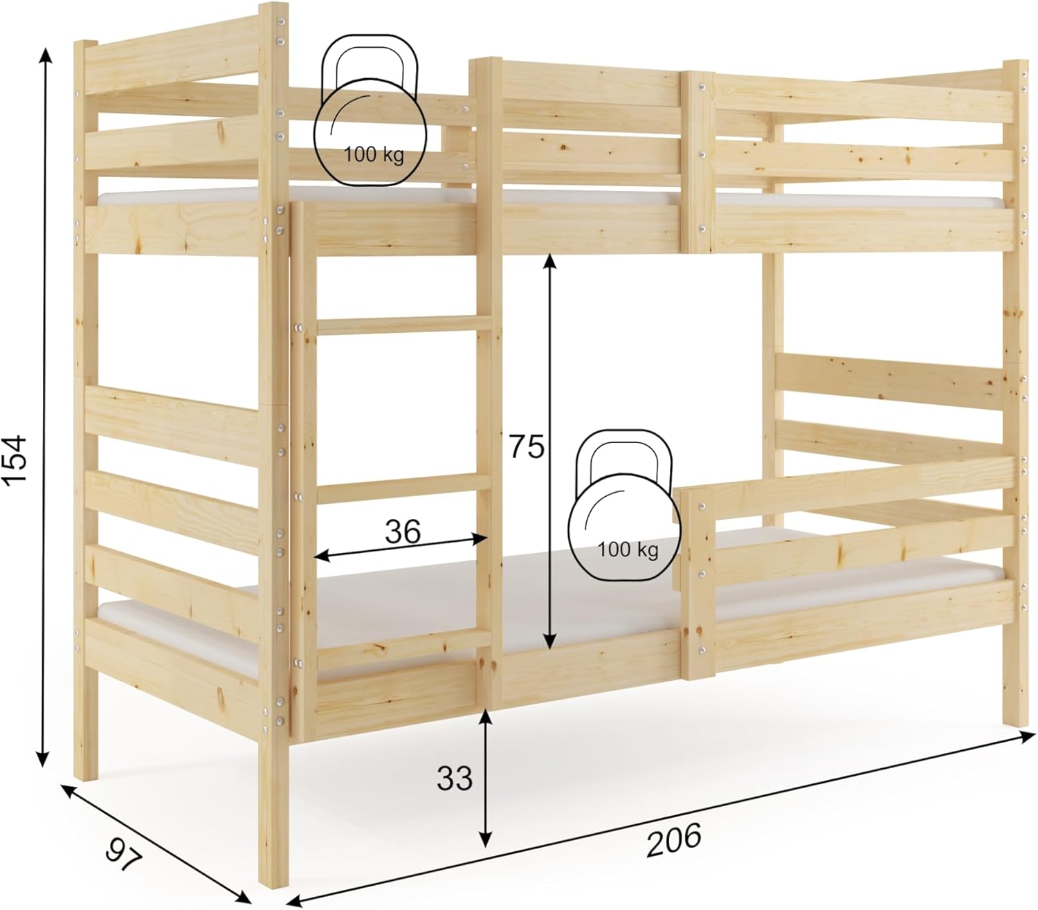Interbeds Etagenbett Erik 200x90 Stockbett aus Kiefernholz Hochbett roh mit Leiter mit Lattenrost Naturholz Jugendbett Kinderbett für 2 Personen, teilbar in 2 Einzelbetten (Naturholz, 200x90)