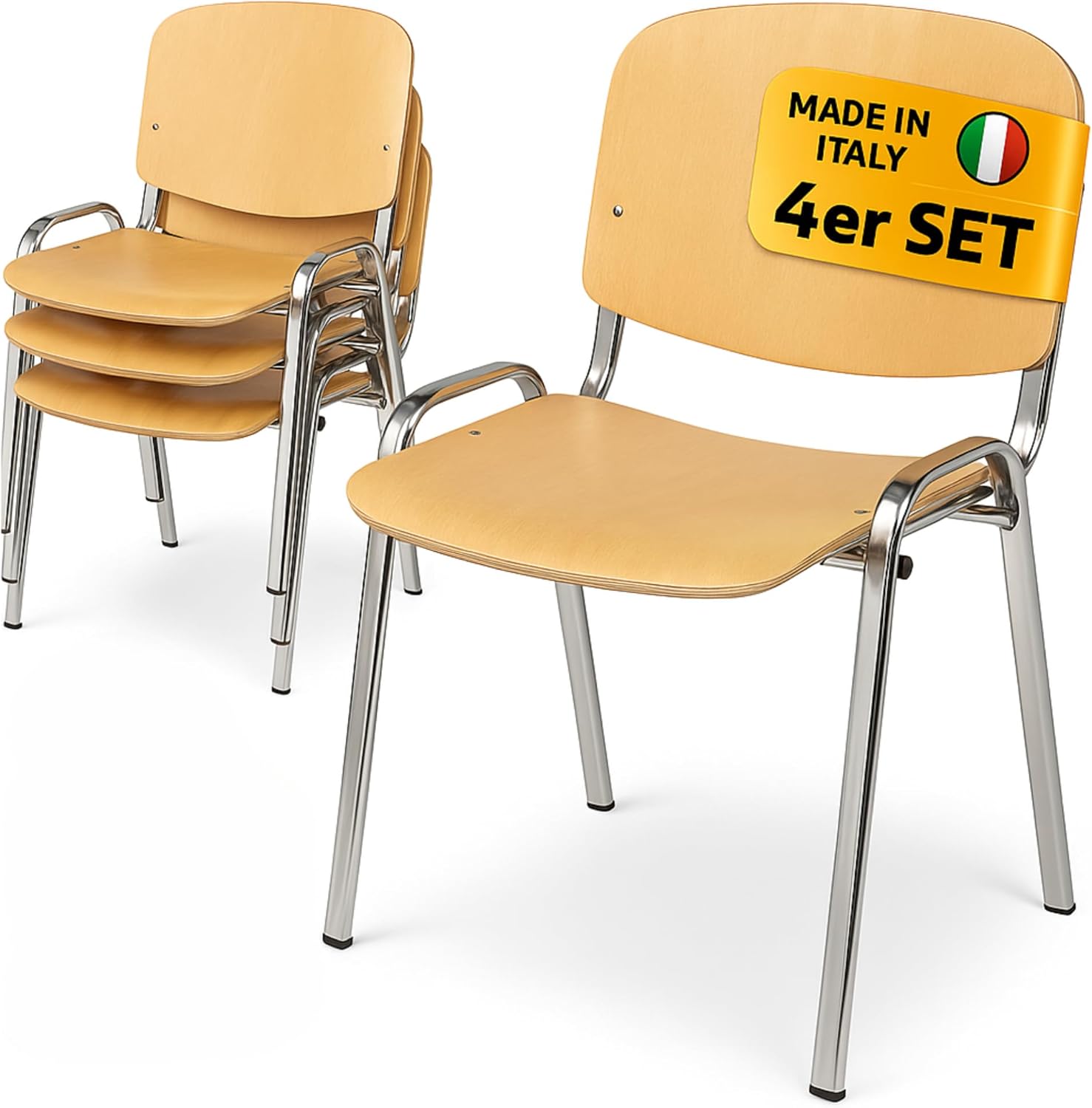 Topsit 4er Set Besucherstuhl, Bequemer Konferenzstuhl, stapelbar, mit Sitz und Rückenlehne aus Holz. (Chrom Gestell)