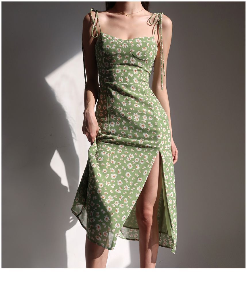 Honmizz - Spaghettibandjes bloemen slim-fit split midi-jurk
