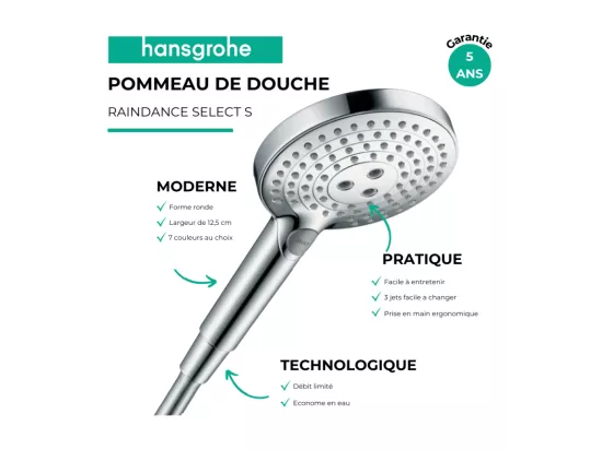 Pommeau de douche HANSGROHE Raindance Select S EcoSmart 120 3 jets + flexible de douche Designflex 160 cm chromé