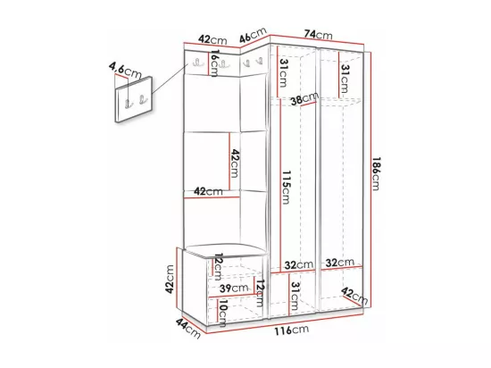 Meuble d'entrée Hartford 388, 186x116x46cm, Miroir, Gris|Noir, MDF|Stratifié|Tapisserie
