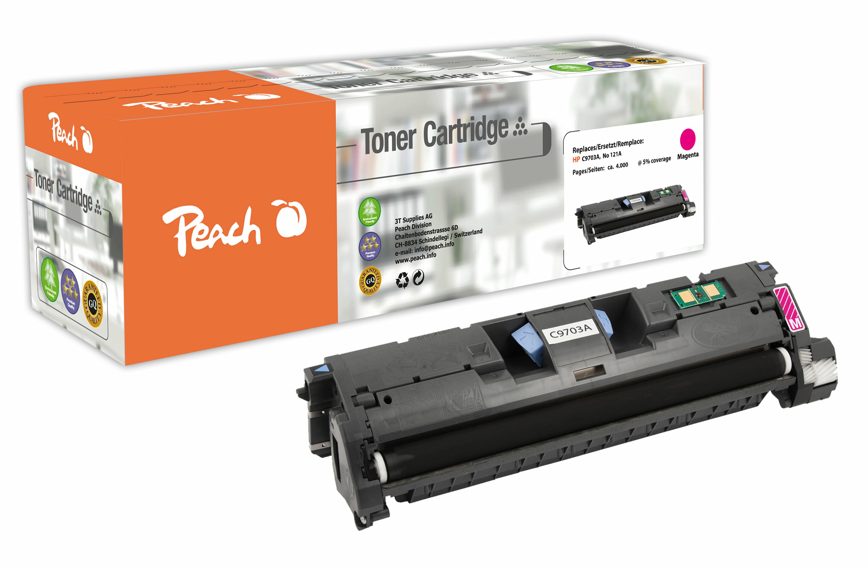 Peach HP 121 AM Toner ma ersetzt HP No. 121A M, C9703A für z.B. HP Color LaserJet 1500, HP Color LaserJet 1500 L, HP Color LaserJet 1500 LXI (wiederaufbereitet)
