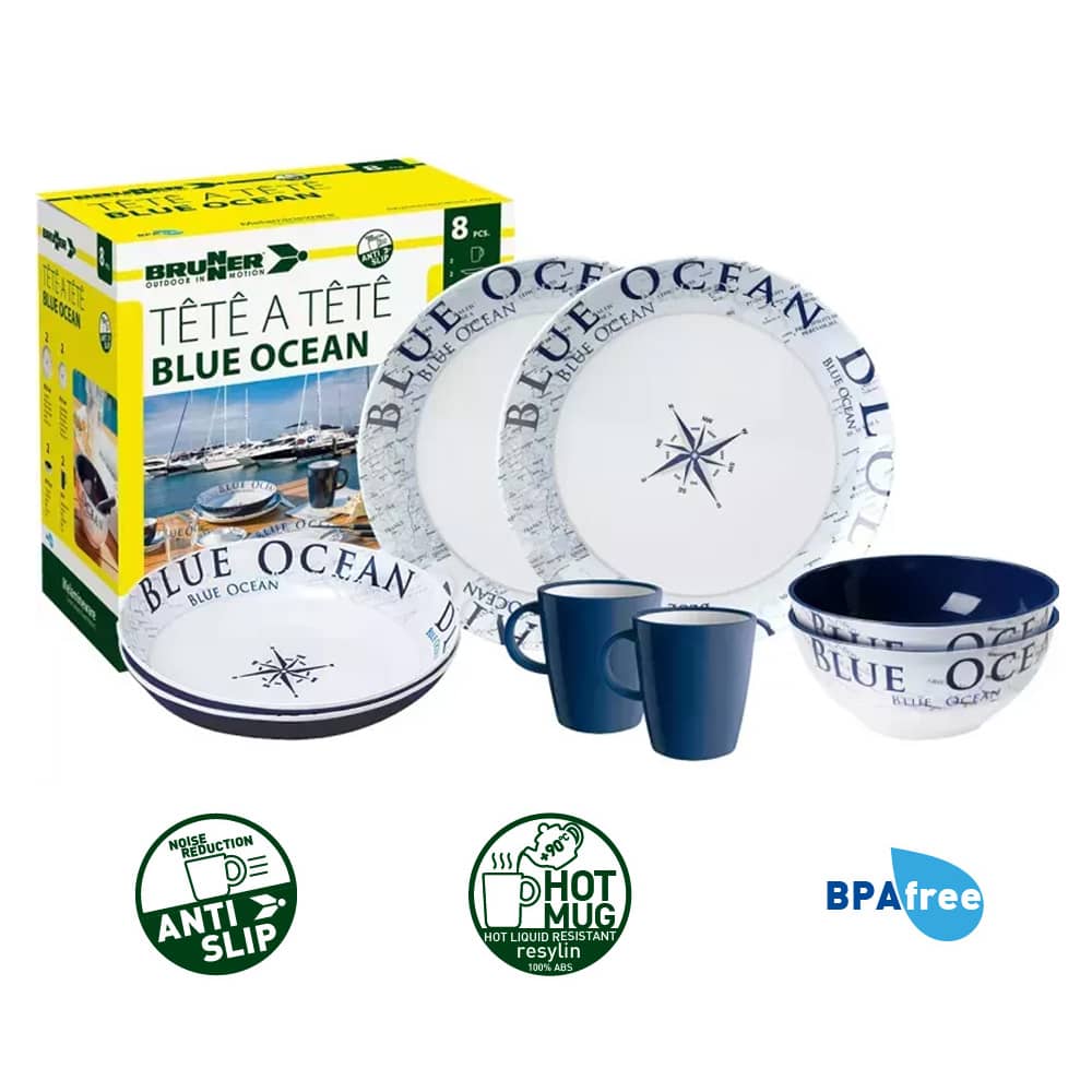 Lot de vaisselle Brunner 8 pièces Blue Ocean mélamine Tête-à-Tête