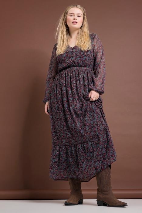 Maxikleid, A-Line, Paisley Print, V-Ausschnitt, elastische Taille, Langarm