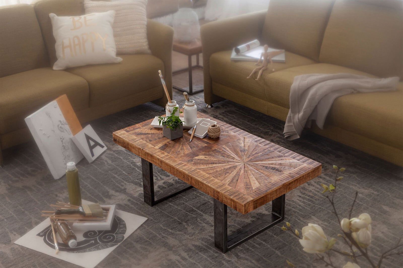 CASAVANTI Couchtisch 105 x 55 cm Grau/ Mango massiv