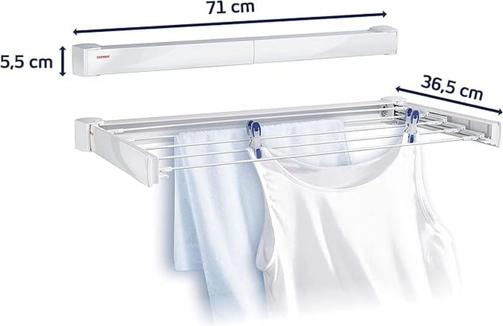 Leifheit Telegant 30 Protect wanddroger, 3m waslijn voor kleine huishoudens, ruimtebesparende droger, wandgemonteerde washoek, voor binnen- en buitengebruik, wasdroger voor snelle wasbeurten
