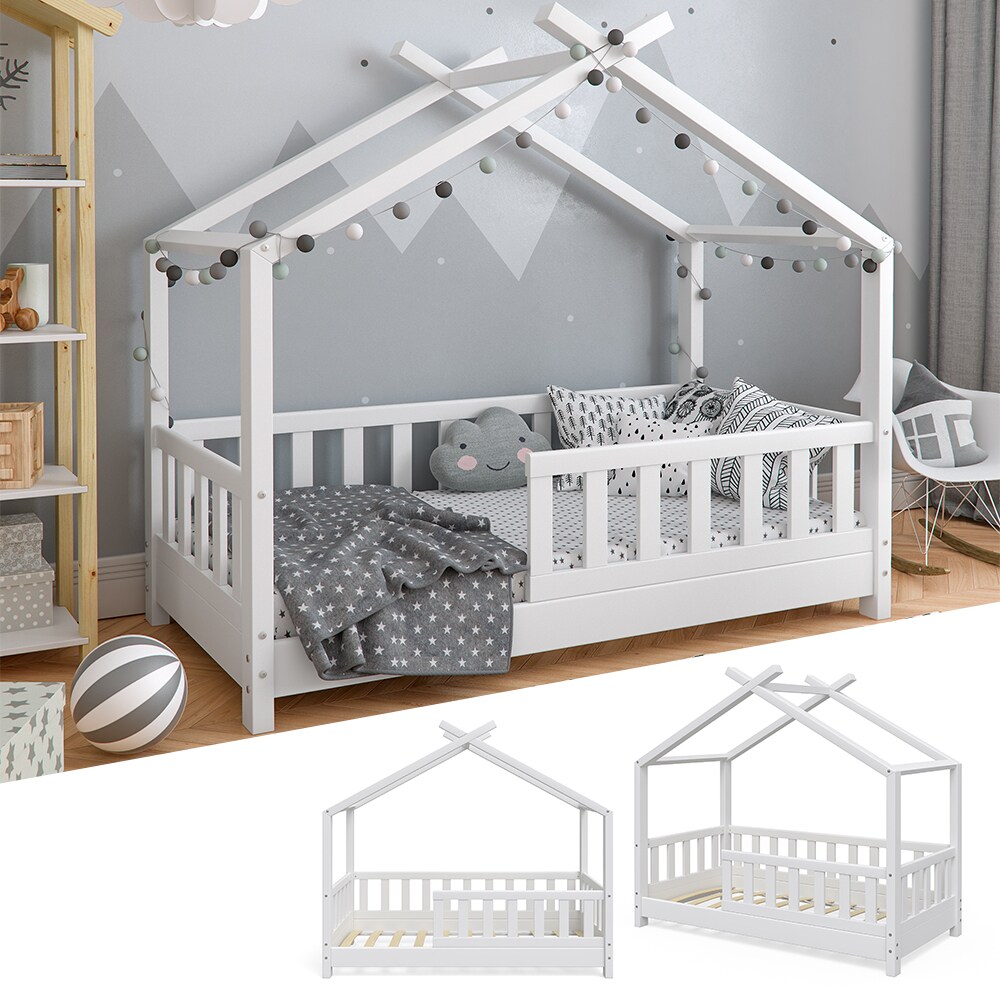 VitaliSpa Kinderbett Design Hausbett Zaun Kinder Bett Holz Haus Weiß 70x140cm