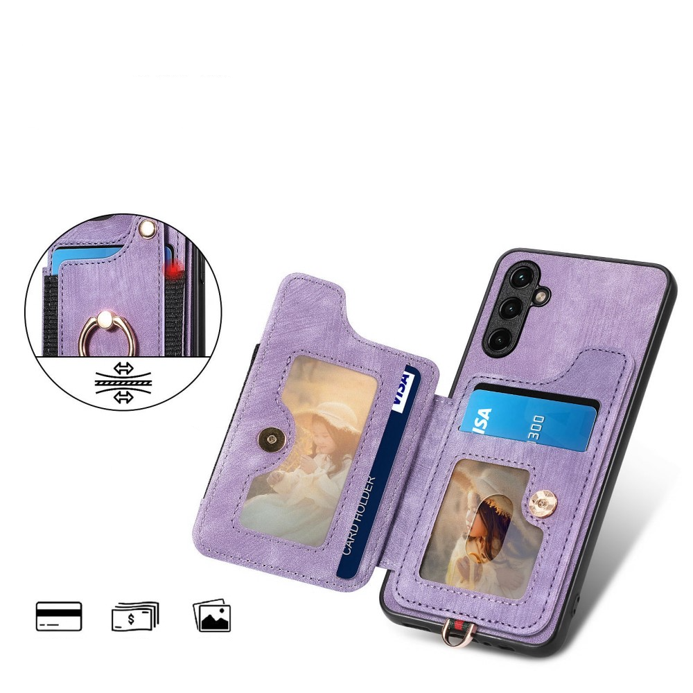 Samsung Galaxy A54 5G Necklace Leder Hülle mit Kartenfächer   Finger Griff Halterung   Handykette (RFID Schutz) - Lila
